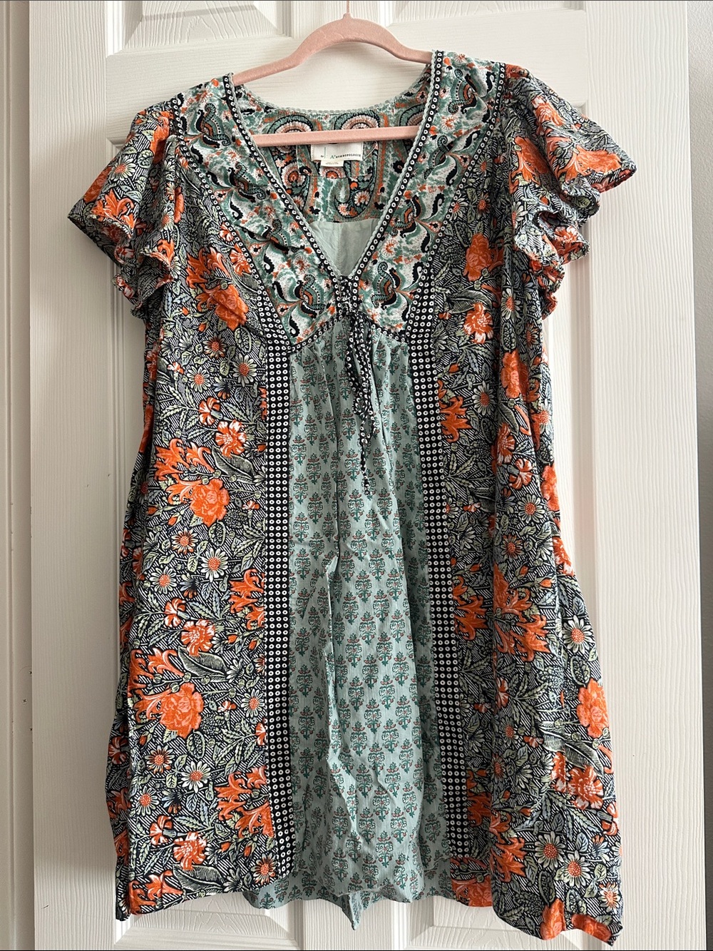 Anthropologie Floral Boho V-Neck Tunic Dress in Sage and Orange. XL. EUC.